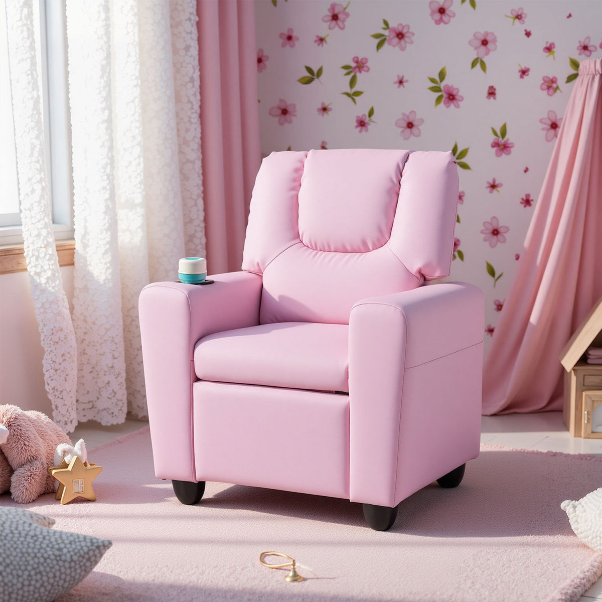 Kids Recliner Chair Push Back Toddler Reclining Armchair with Cup Holder-Pink view 2