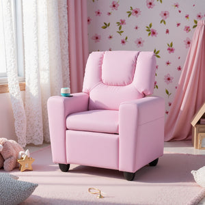 Kids Recliner Chair Push Back Toddler Reclining Armchair with Cup Holder-Pink view 2
