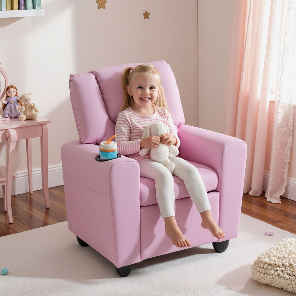 Kids Recliner Chair Push Back Toddler Reclining Armchair with Cup Holder-Pink view 3