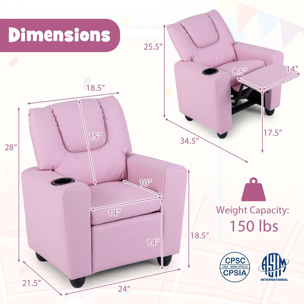 Kids Recliner Chair Push Back Toddler Reclining Armchair with Cup Holder-Pink view 5