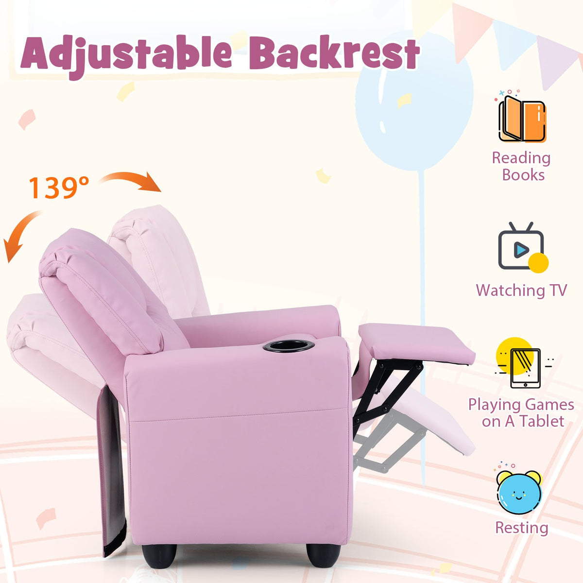 Kids Recliner Chair Push Back Toddler Reclining Armchair with Cup Holder-Pink view 7