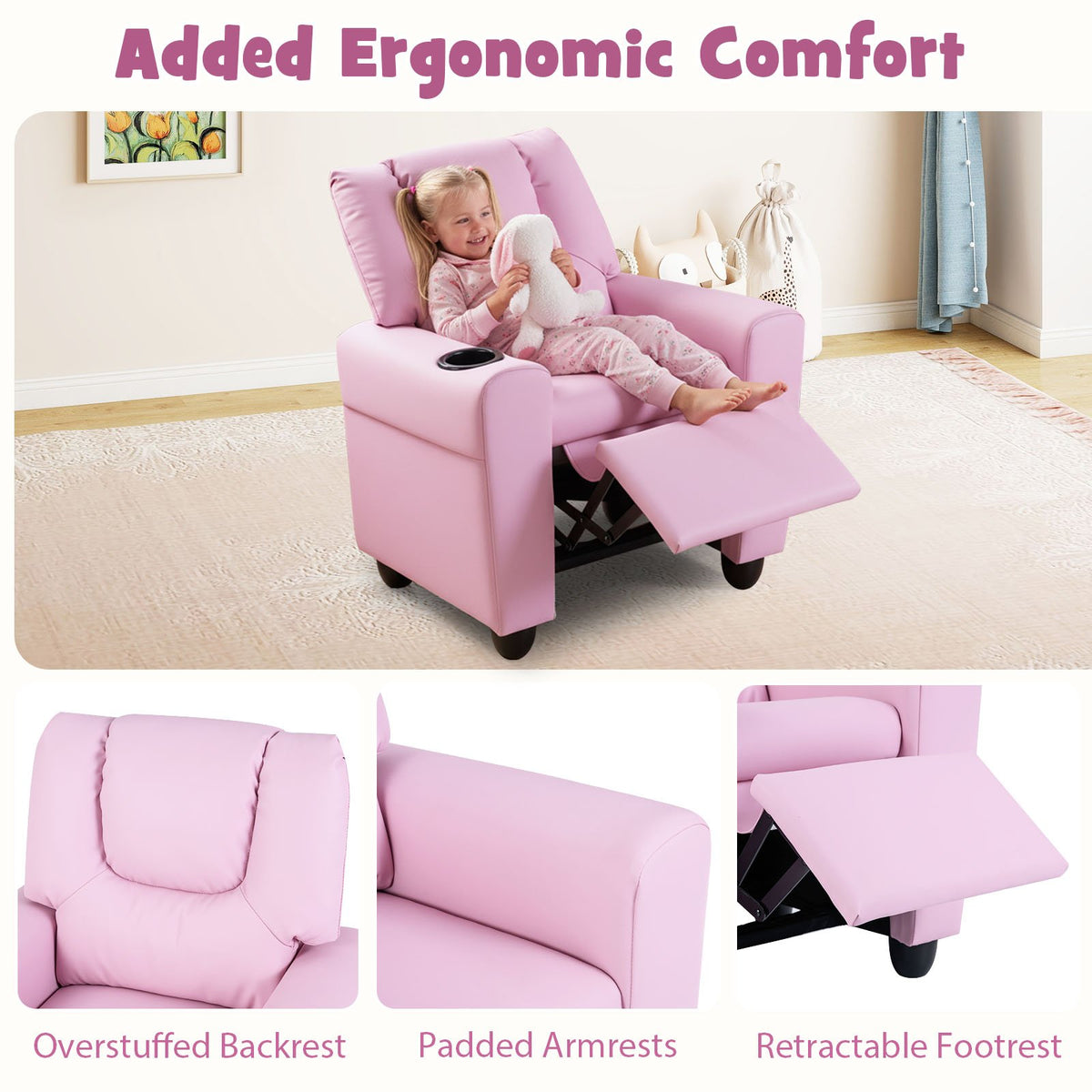 Kids Recliner Chair Push Back Toddler Reclining Armchair with Cup Holder-Pink view 9