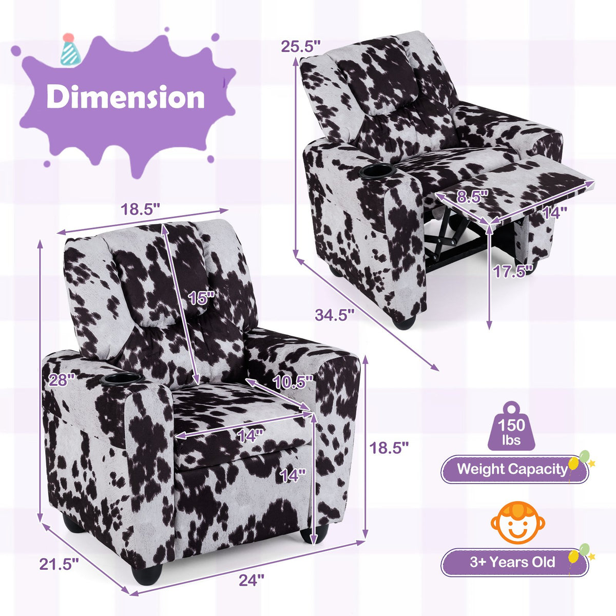 Kids Recliner Chair Push Back Toddler Reclining Armchair with Cup Holder-White view 5