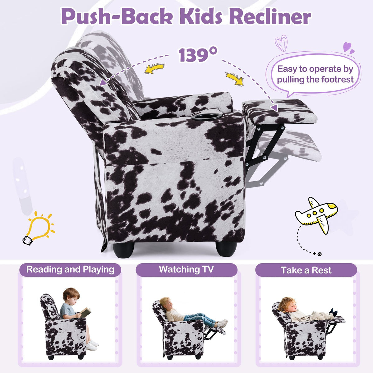 Kids Recliner Chair Push Back Toddler Reclining Armchair with Cup Holder-White view 7