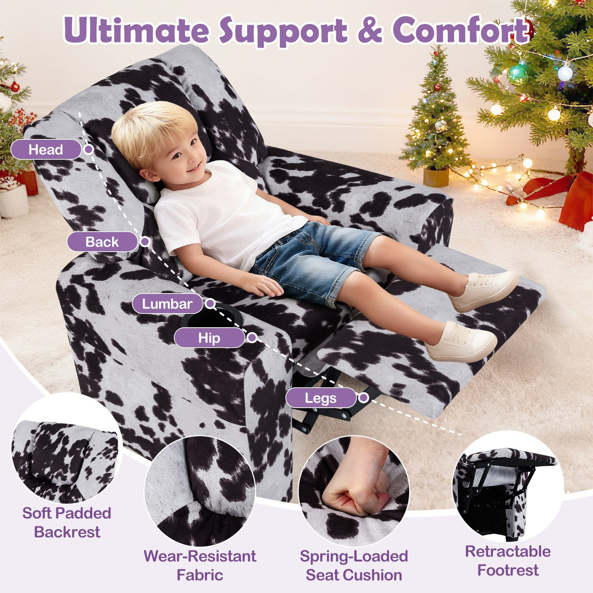 Kids Recliner Chair Push Back Toddler Reclining Armchair with Cup Holder-White view 8