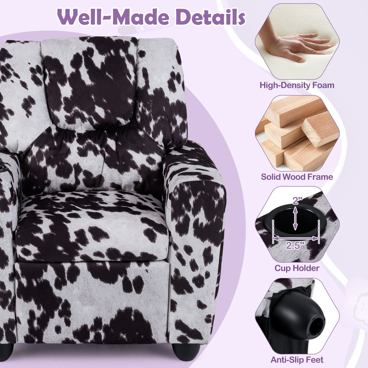Kids Recliner Chair Push Back Toddler Reclining Armchair with Cup Holder-White view 9