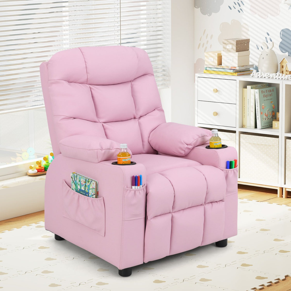 Kids Recliner Chair with Cup Holder and Footrest for Children-Light Pink view 3