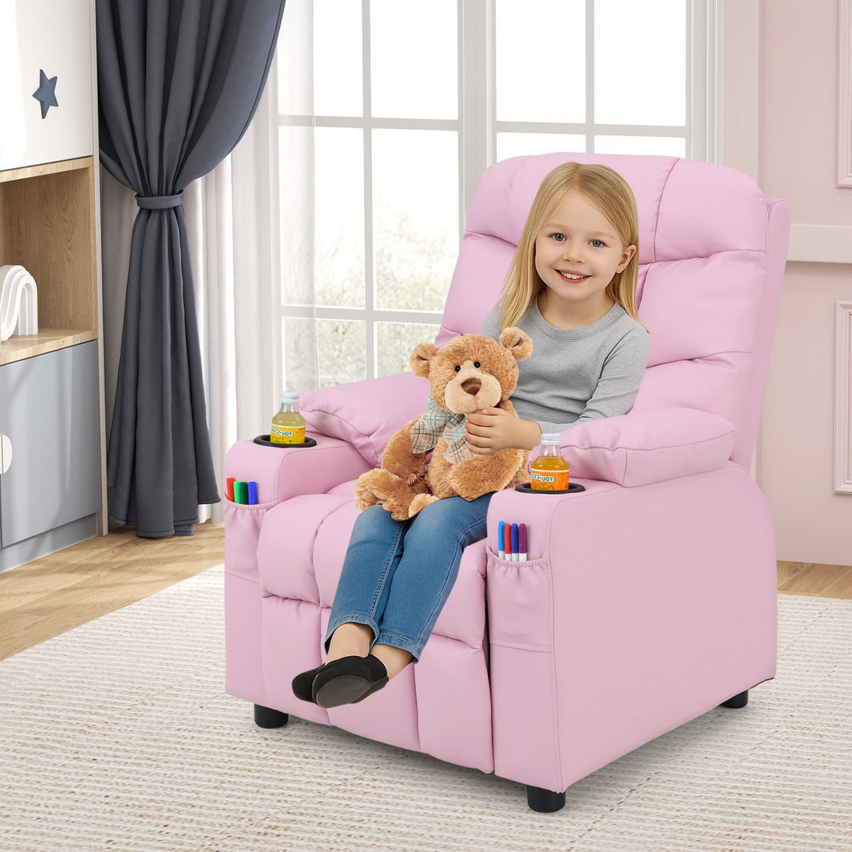 Kids Recliner Chair with Cup Holder and Footrest for Children-Light Pink view 5