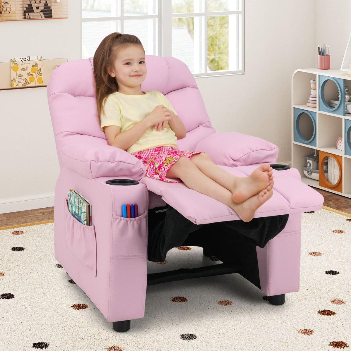 Kids Recliner Chair with Cup Holder and Footrest for Children-Light Pink view 6
