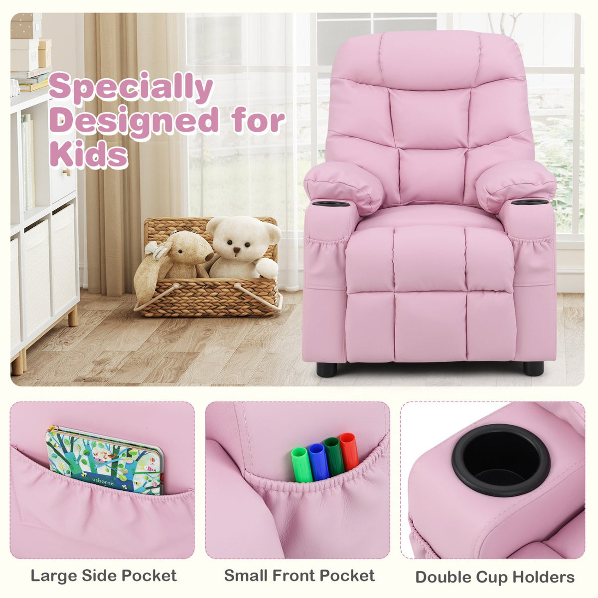 Kids Recliner Chair with Cup Holder and Footrest for Children-Light Pink view 7
