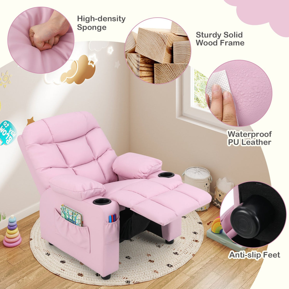 Kids Recliner Chair with Cup Holder and Footrest for Children-Light Pink view 8