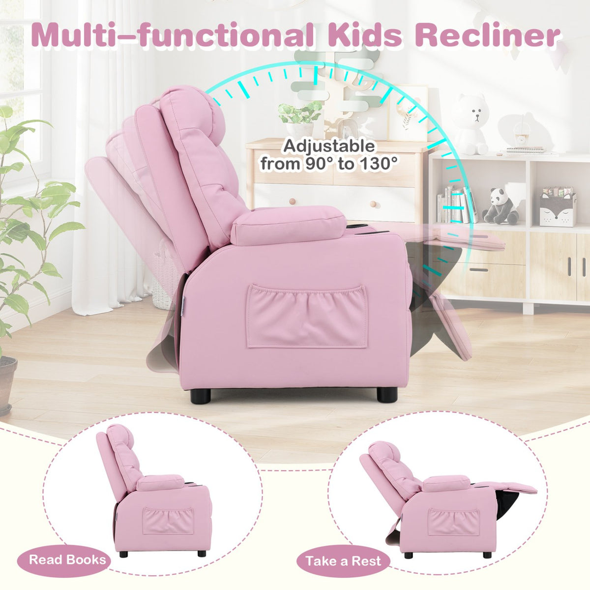 Kids Recliner Chair with Cup Holder and Footrest for Children-Light Pink view 9