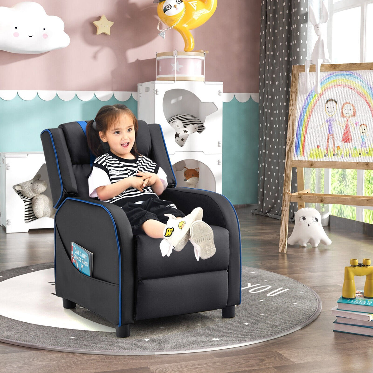 Kids Recliner Chair with Side Pockets and Footrest-Blue view 3
