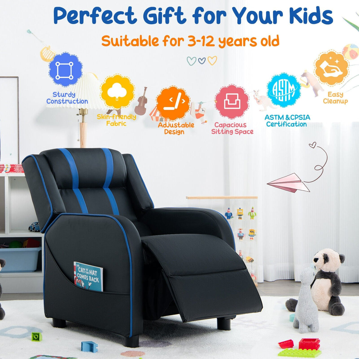 Kids Recliner Chair with Side Pockets and Footrest-Blue view 6