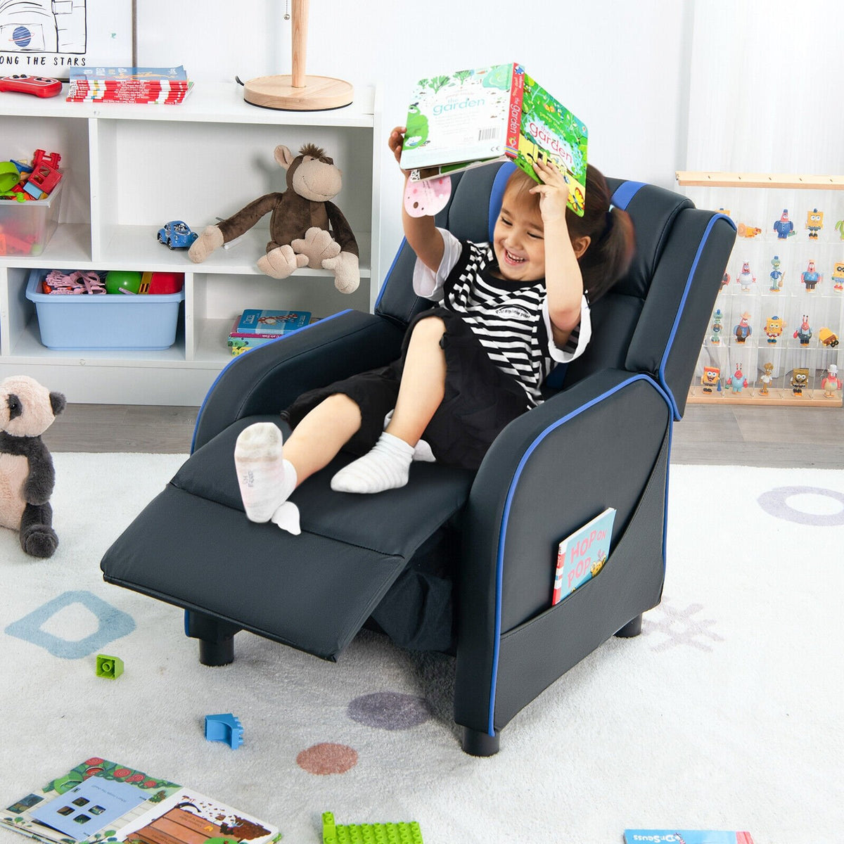 Kids Recliner Chair with Side Pockets and Footrest-Blue view 9