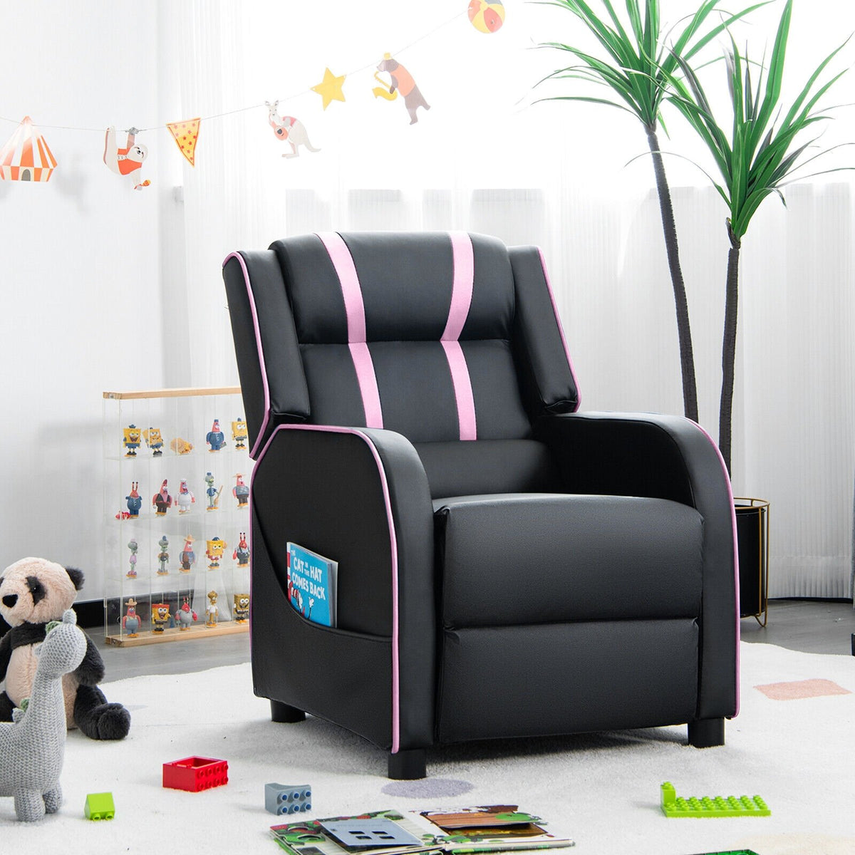 Kids Recliner Chair with Side Pockets and Footrest-Pink view 2