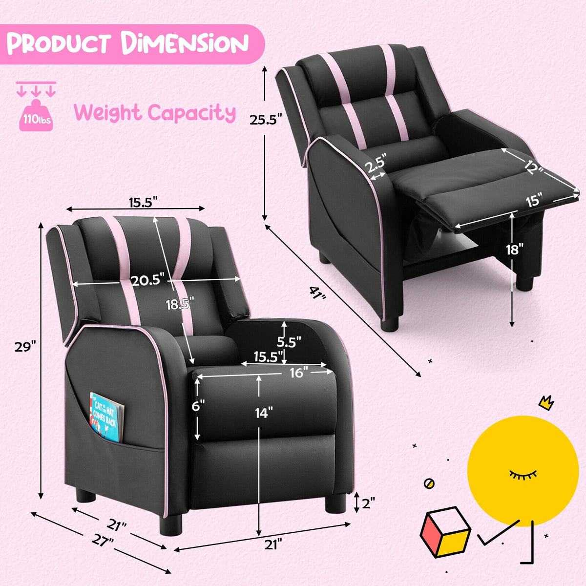 Kids Recliner Chair with Side Pockets and Footrest-Pink view 5