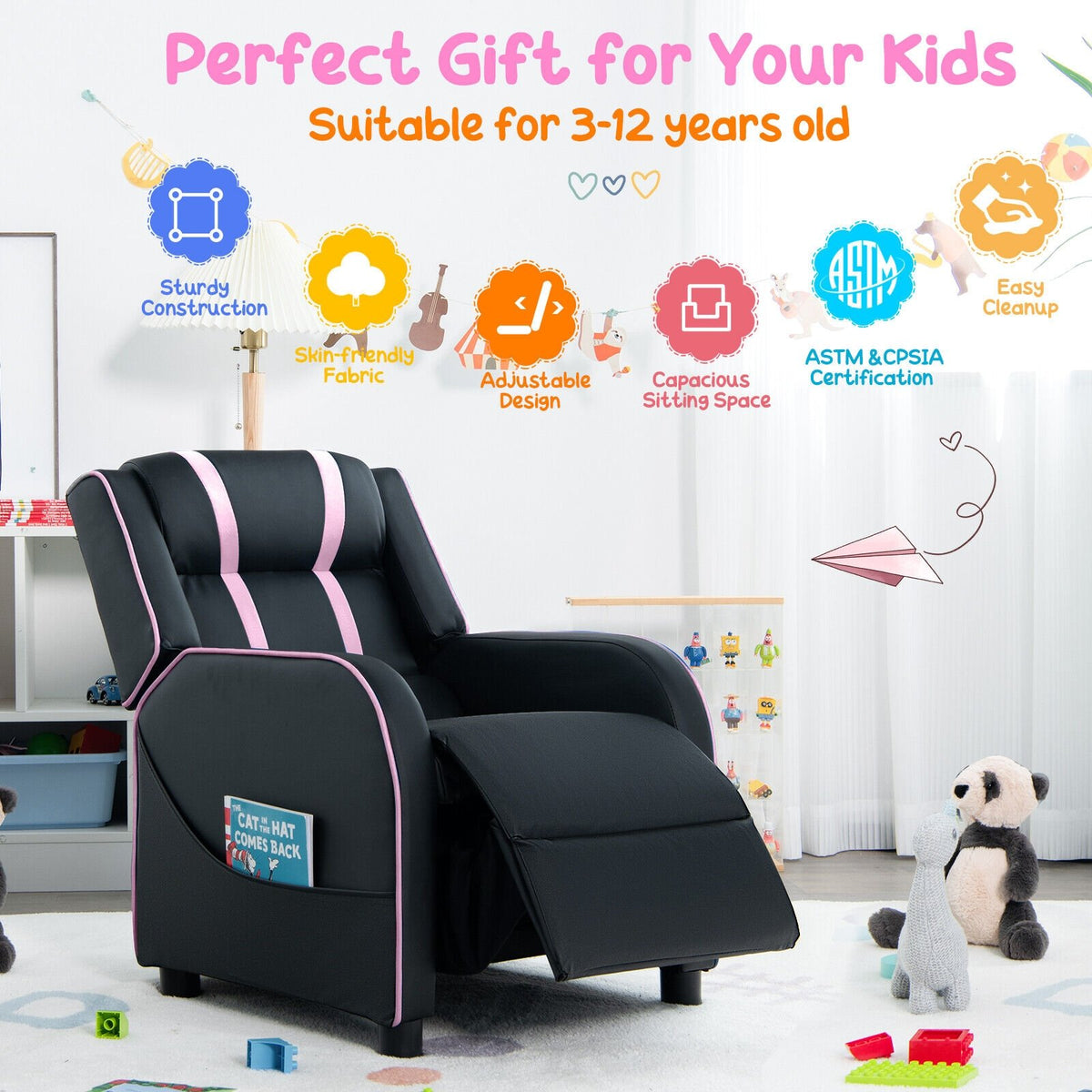Kids Recliner Chair with Side Pockets and Footrest-Pink view 6