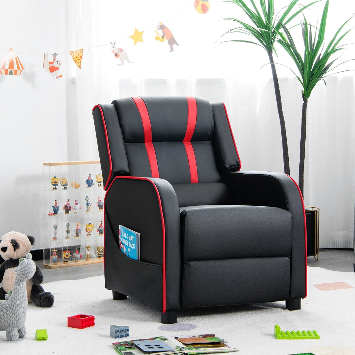 Kids Recliner Chair with Side Pockets and Footrest-Red view 2