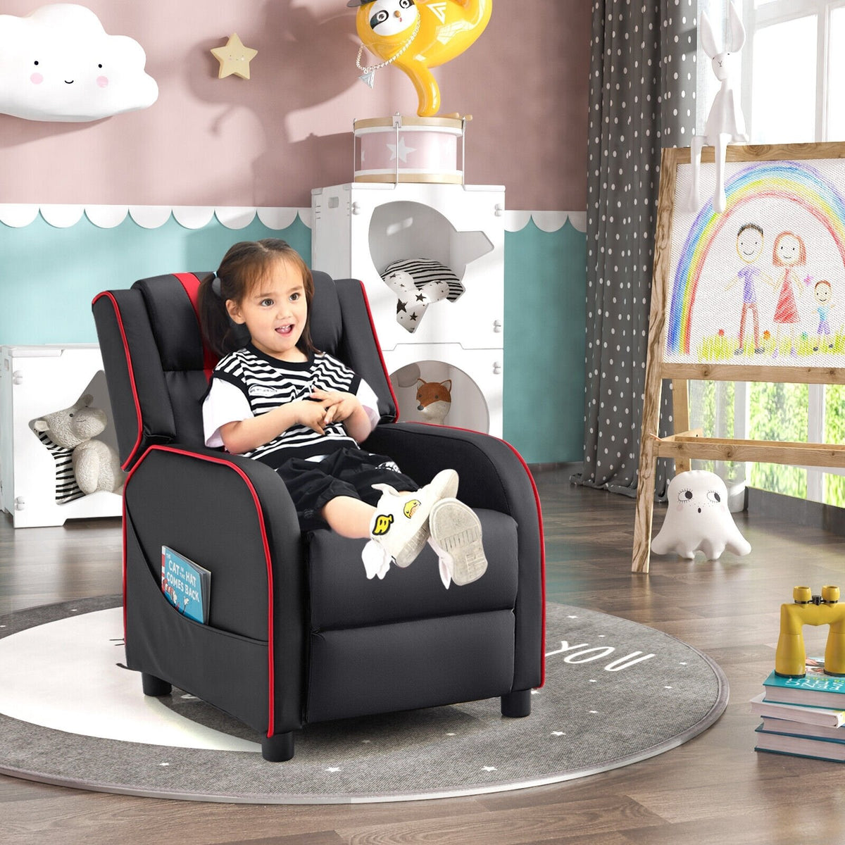 Kids Recliner Chair with Side Pockets and Footrest-Red view 3
