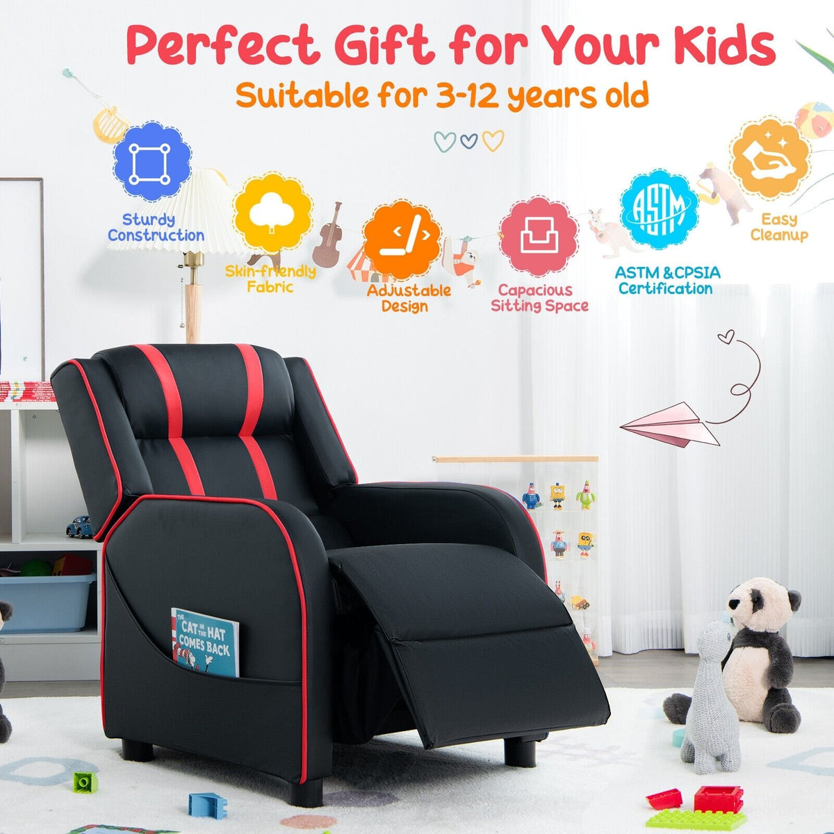 Kids Recliner Chair with Side Pockets and Footrest-Red view 4