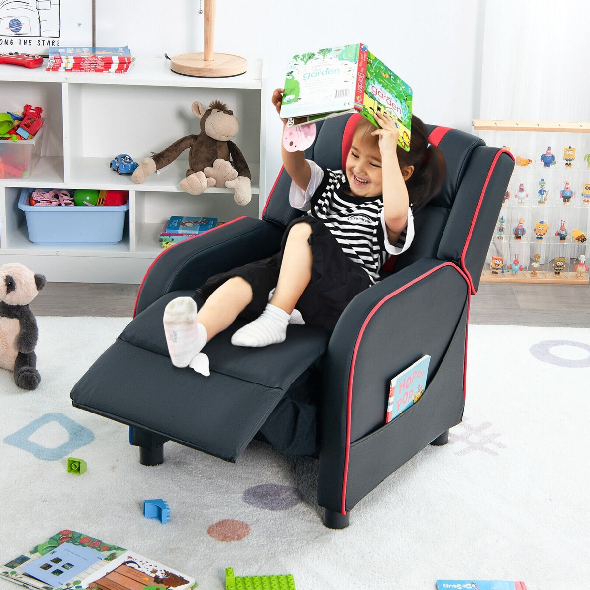 Kids Recliner Chair with Side Pockets and Footrest-Red view 7