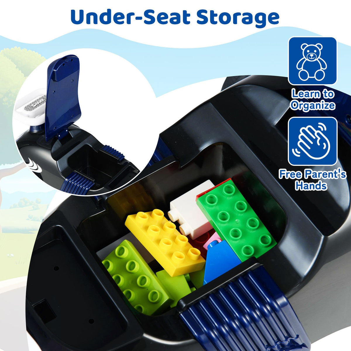 Kids Ride On Car Sliding Toy with Music and Under-Seat Storage-Black & Blue view 7