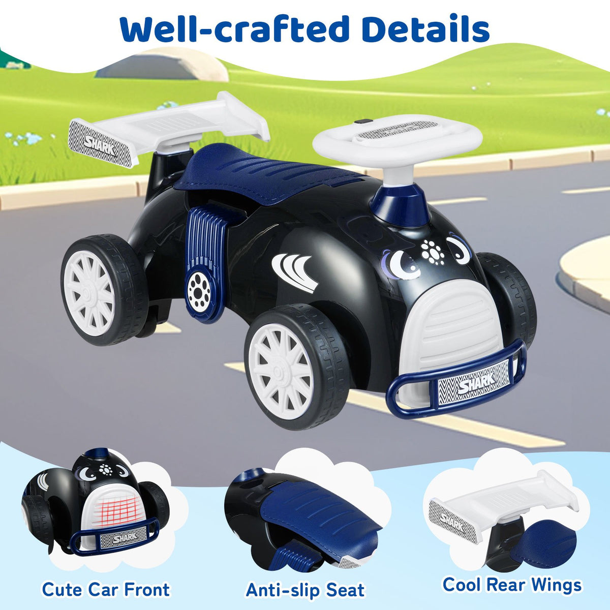 Kids Ride On Car Sliding Toy with Music and Under-Seat Storage-Black & Blue view 9