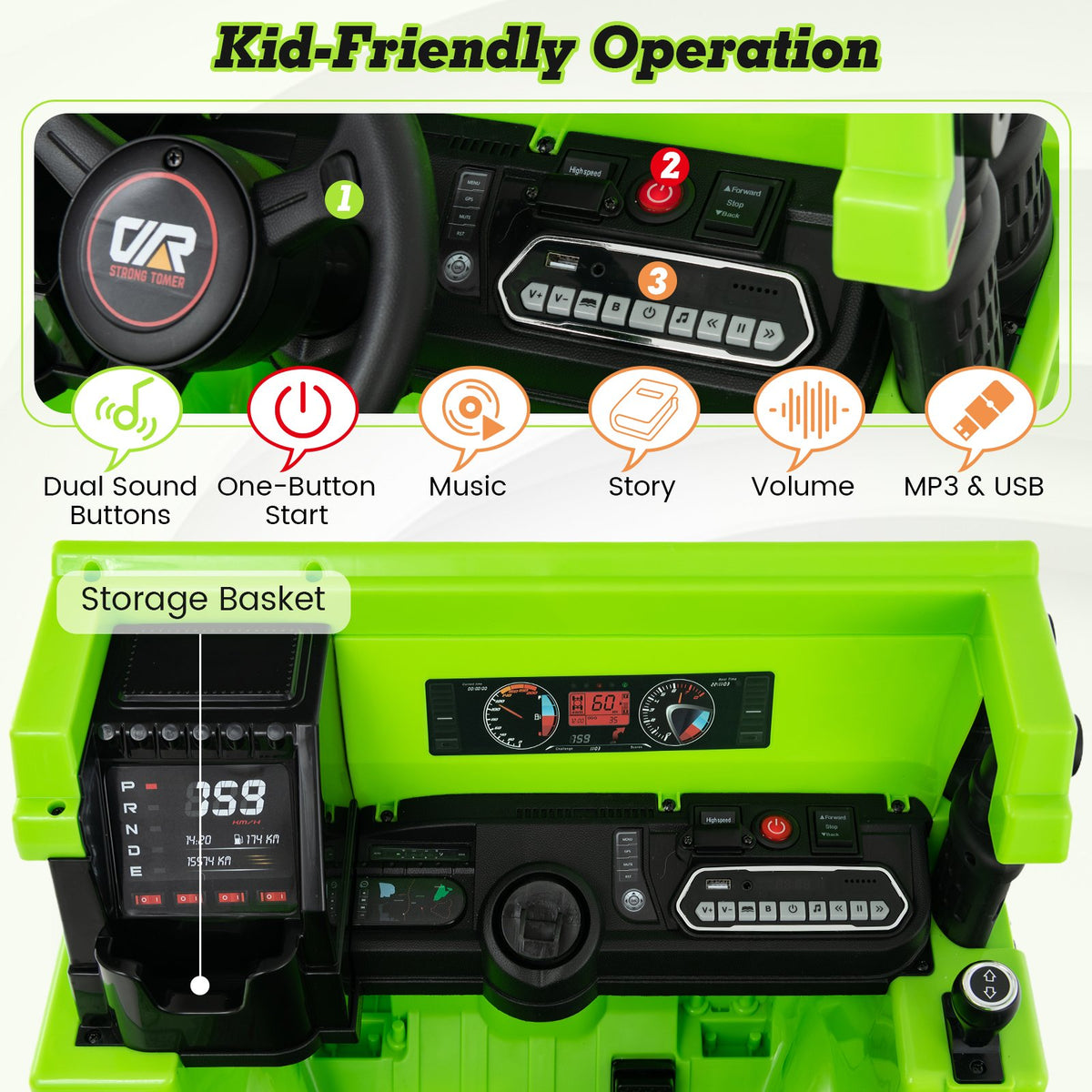 Kids Ride on Dump Truck 12V Ride on Car with Electric Dump Bed-Green view 9