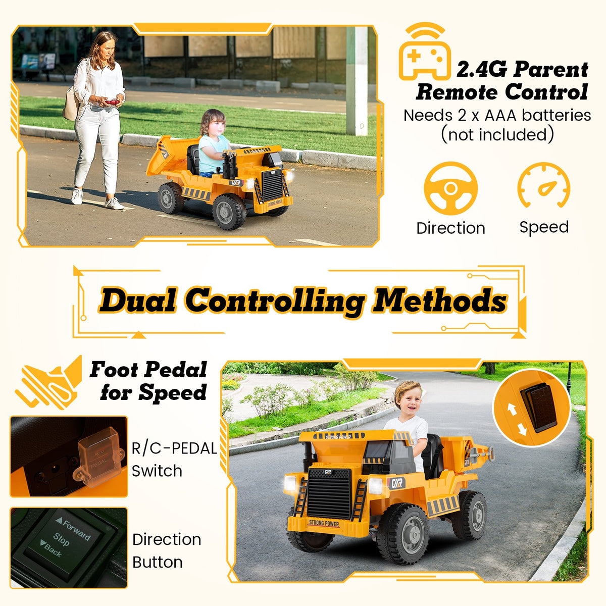 Kids Ride on Dump Truck 12V Ride on Car with Electric Dump Bed-Yellow view 7