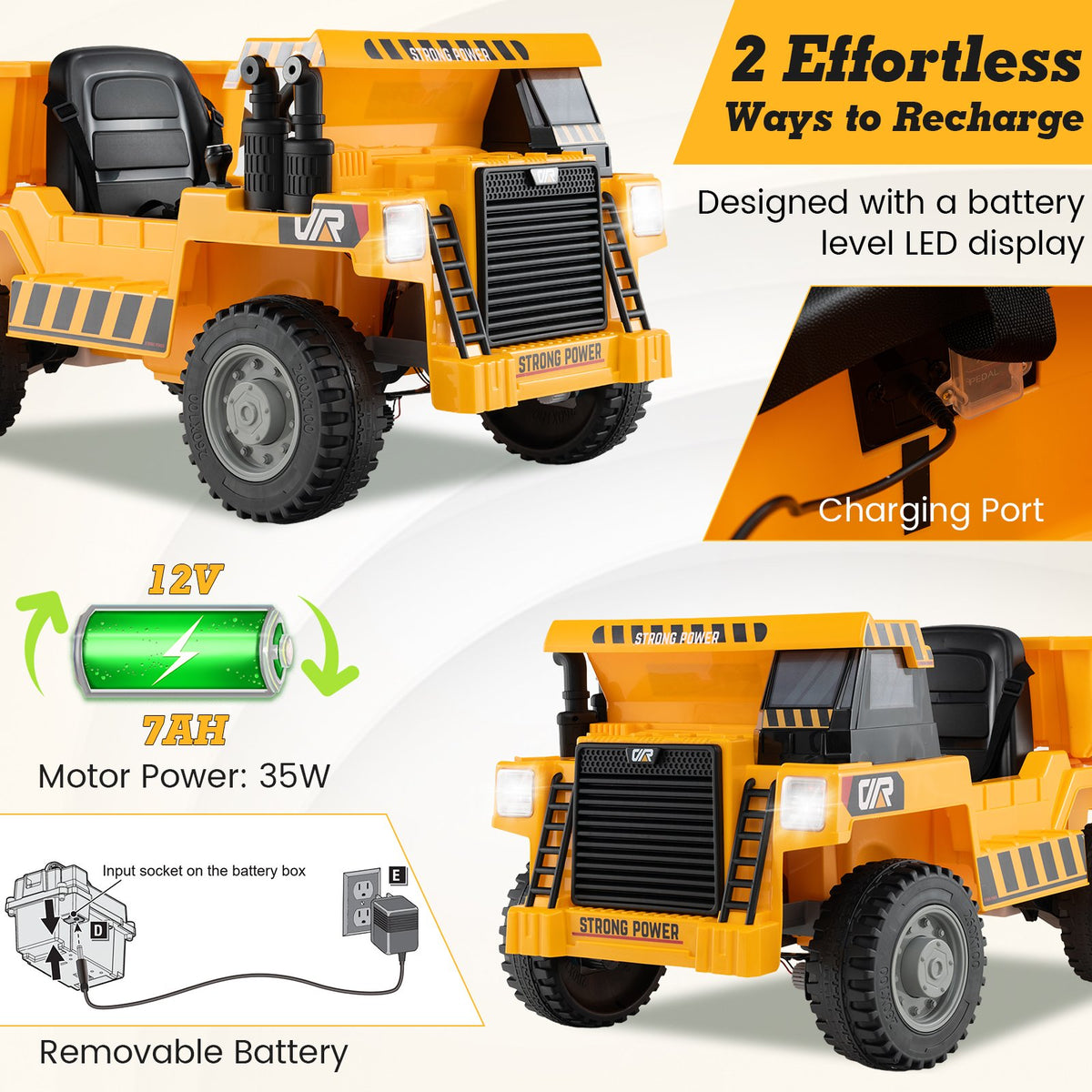 Kids Ride on Dump Truck 12V Ride on Car with Electric Dump Bed-Yellow view 8
