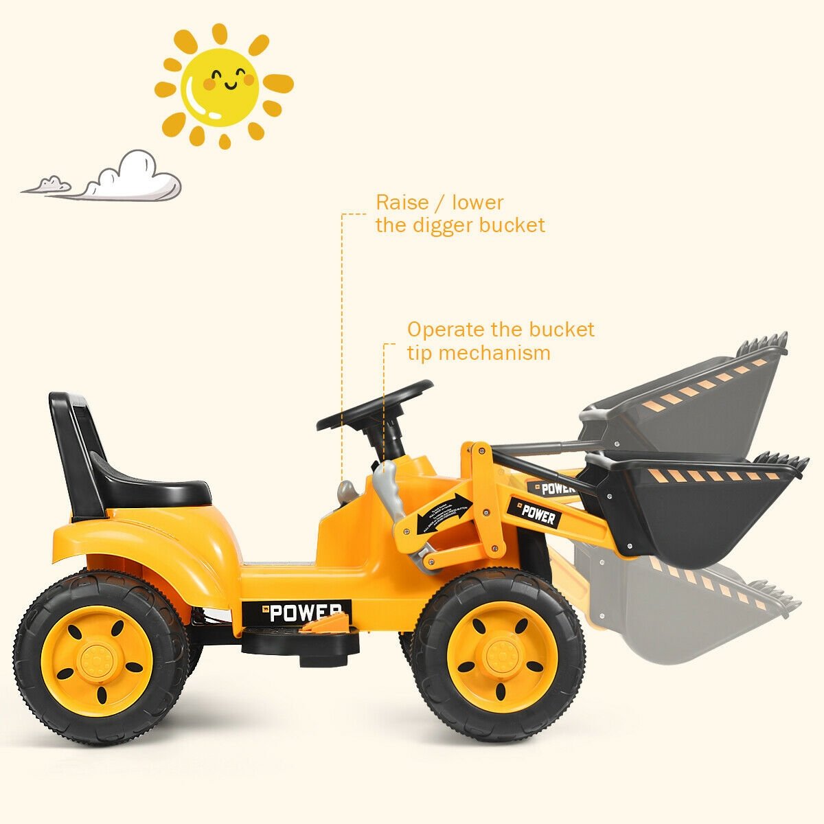 Kids Ride On Excavator Digger 6V Battery Powered Tractor -Yellow view 4