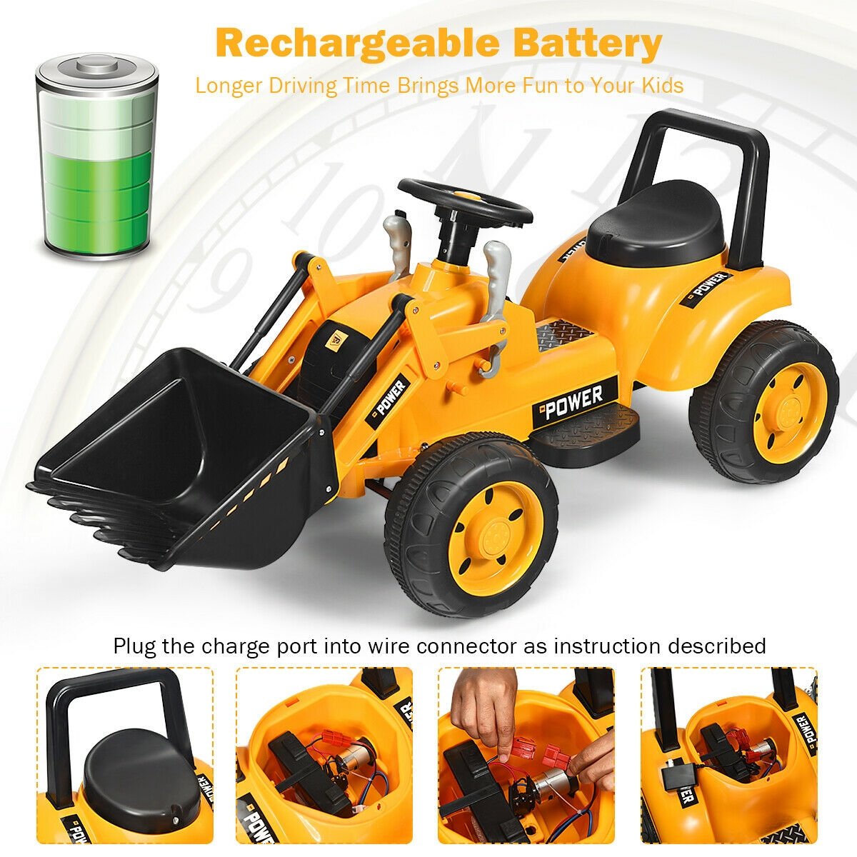 Kids Ride On Excavator Digger 6V Battery Powered Tractor -Yellow view 7
