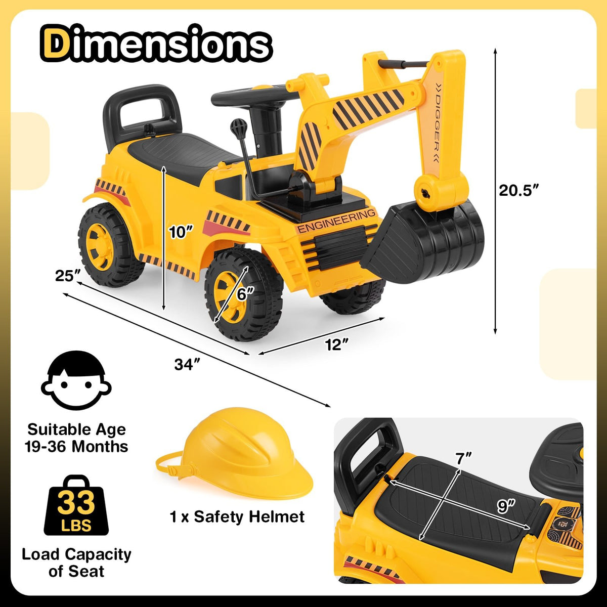 Kids Ride on Excavator with Adjustable Shovel-Yellow view 4
