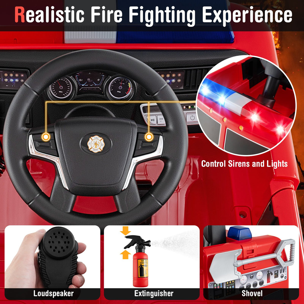 Kids Ride on Fire Truck with Remote Control and Extinguisher-Red view 9