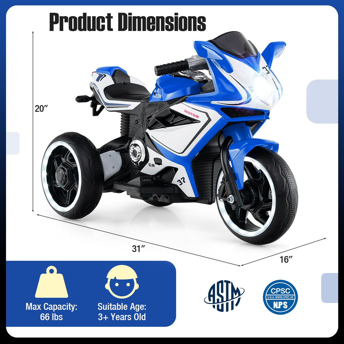 Kids Ride on Motorcycle 6V Battery Powered Mini Electric Motorbike with LED Lights-Navy view 4