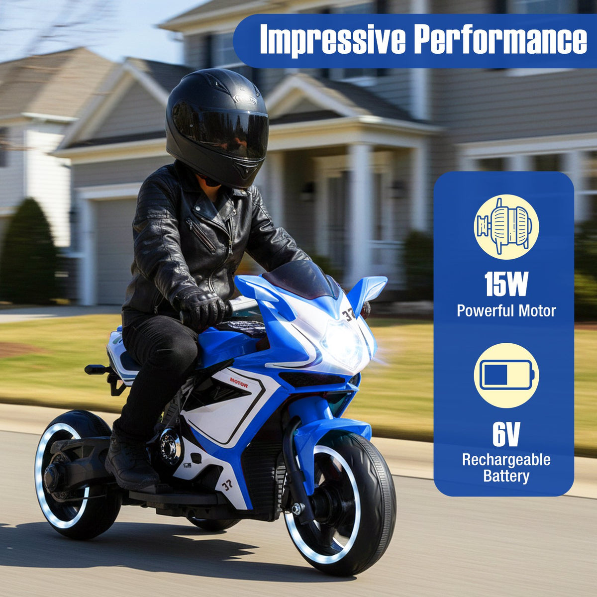 Kids Ride on Motorcycle 6V Battery Powered Mini Electric Motorbike with LED Lights-Navy view 5