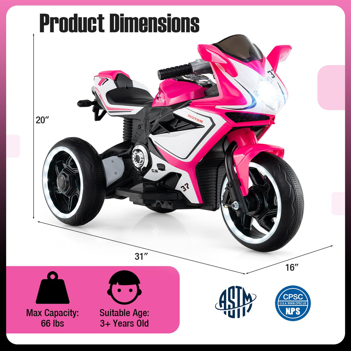 Kids Ride on Motorcycle 6V Battery Powered Mini Electric Motorbike with LED Lights-Pink view 4