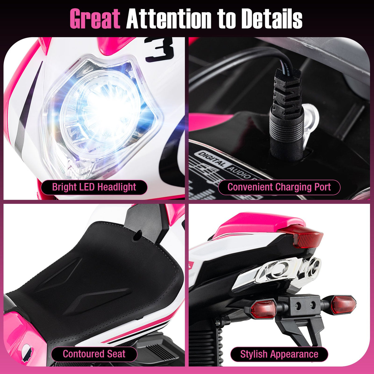 Kids Ride on Motorcycle 6V Battery Powered Mini Electric Motorbike with LED Lights-Pink view 8