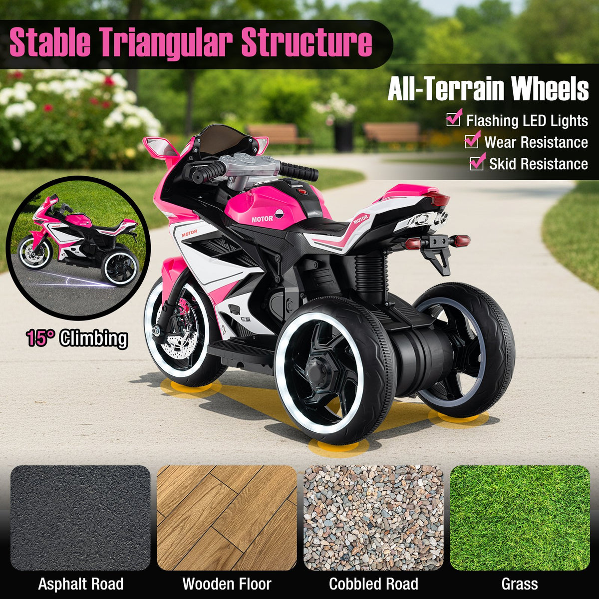Kids Ride on Motorcycle 6V Battery Powered Mini Electric Motorbike with LED Lights-Pink view 9