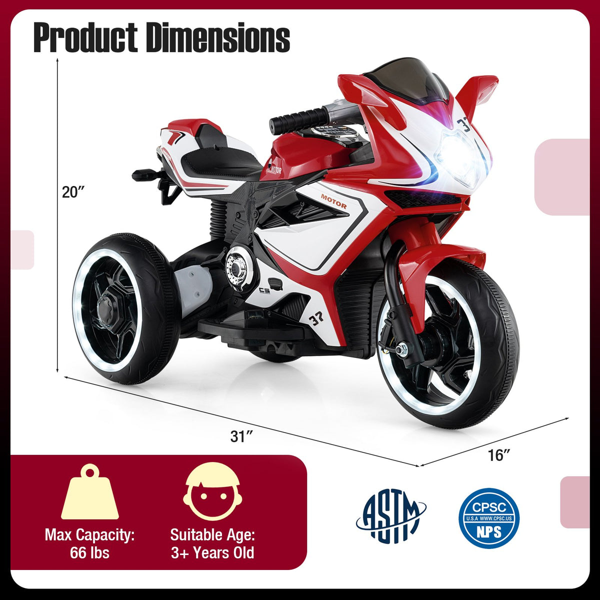 Kids Ride on Motorcycle 6V Battery Powered Mini Electric Motorbike with LED Lights-Red view 4