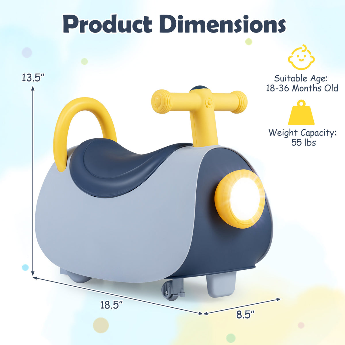 Kids Ride On Push Car with Headlight Music & Under Seat Storage for 18-36 Months-Blue view 5