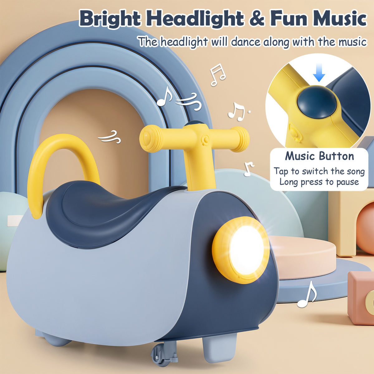 Kids Ride On Push Car with Headlight Music & Under Seat Storage for 18-36 Months-Blue view 6