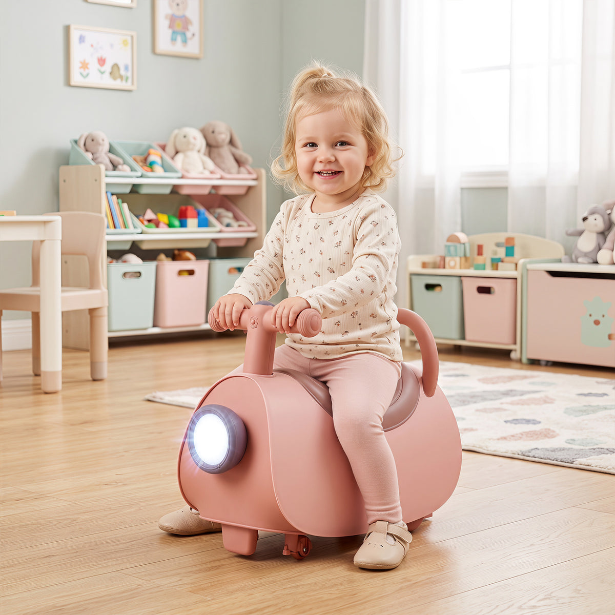 Kids Ride On Push Car with Headlight Music & Under Seat Storage for 18-36 Months-Pink view 2