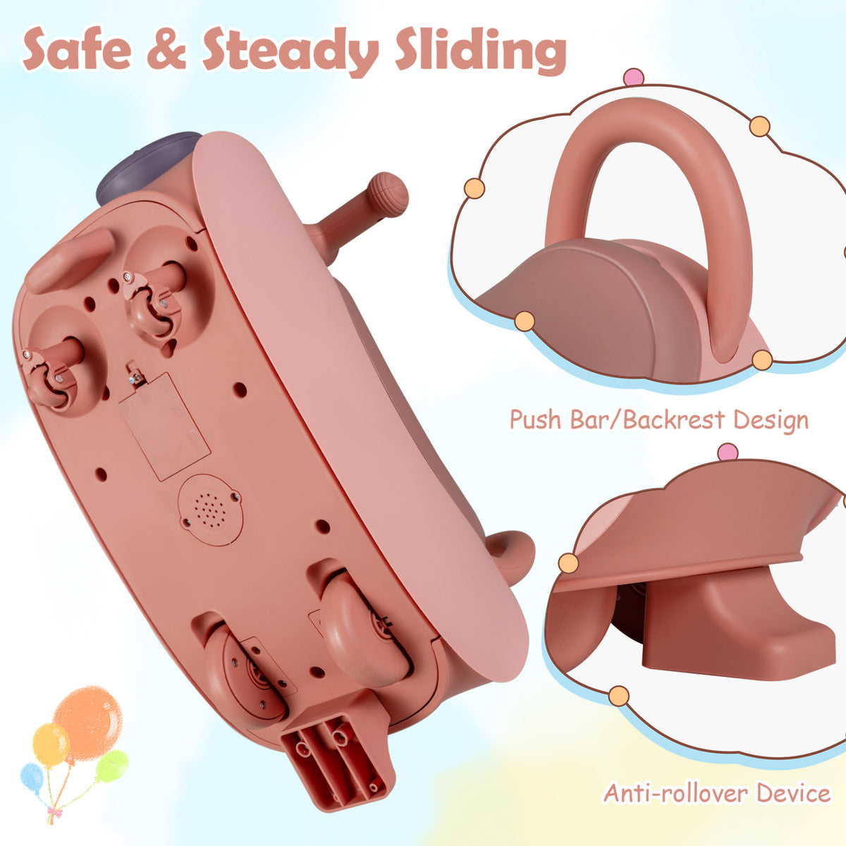 Kids Ride On Push Car with Headlight Music & Under Seat Storage for 18-36 Months-Pink view 8