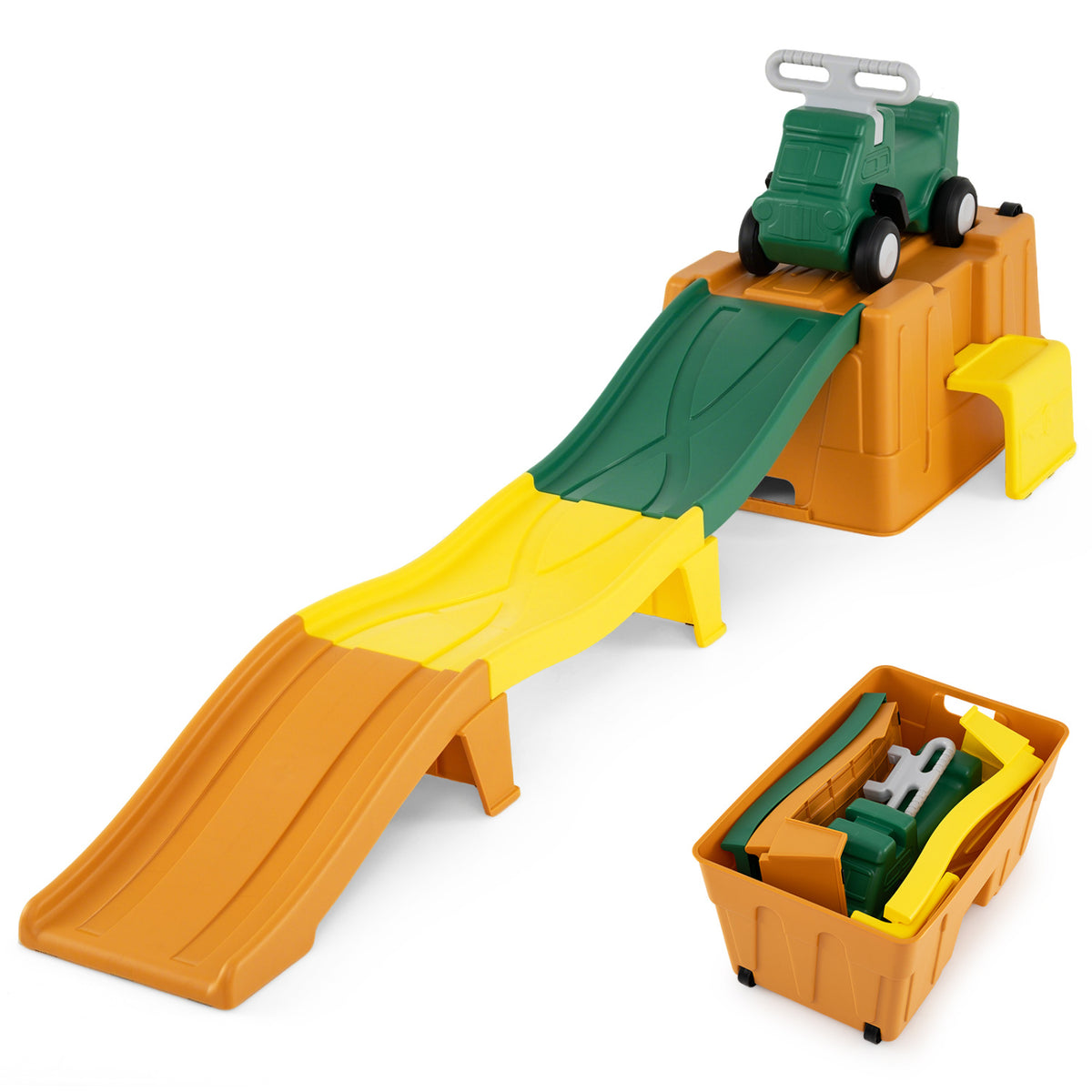 Kids Ride on Toy with Storage Box and Downhill Race Tracks-Coffee