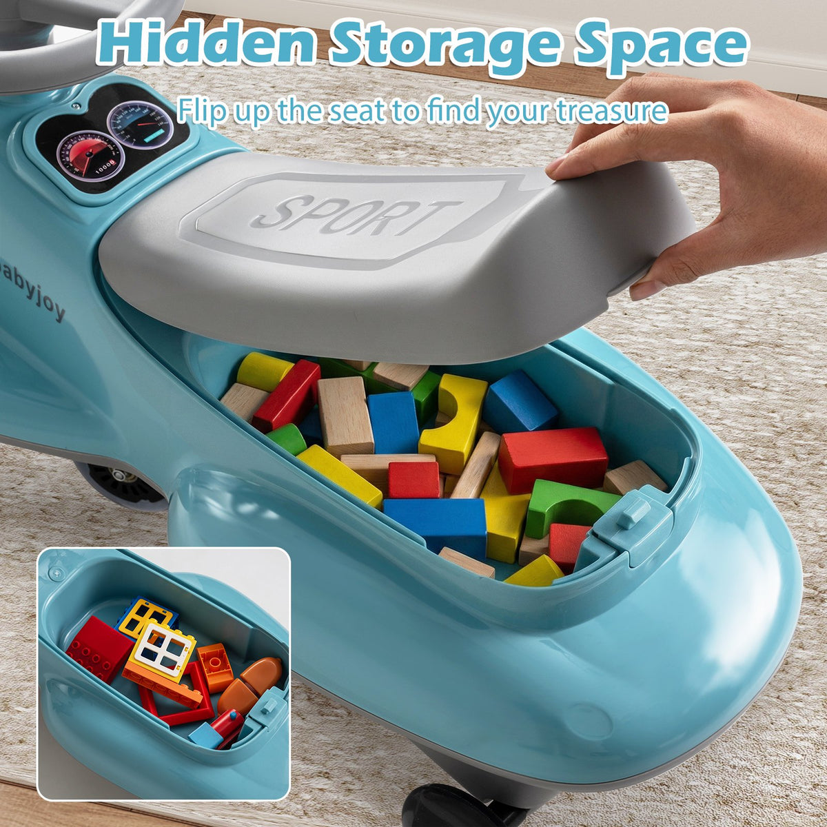 Kids Ride On Toy with Under-seat Storage and LED Flashing Wheels-Blue view 7