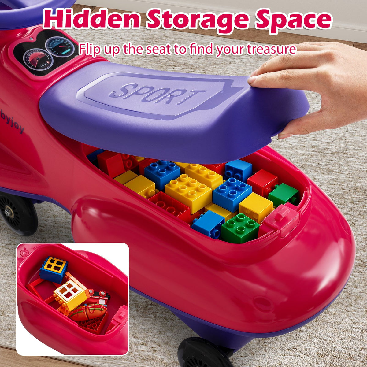 Kids Ride On Toy with Under-seat Storage and LED Flashing Wheels-Pink view 8
