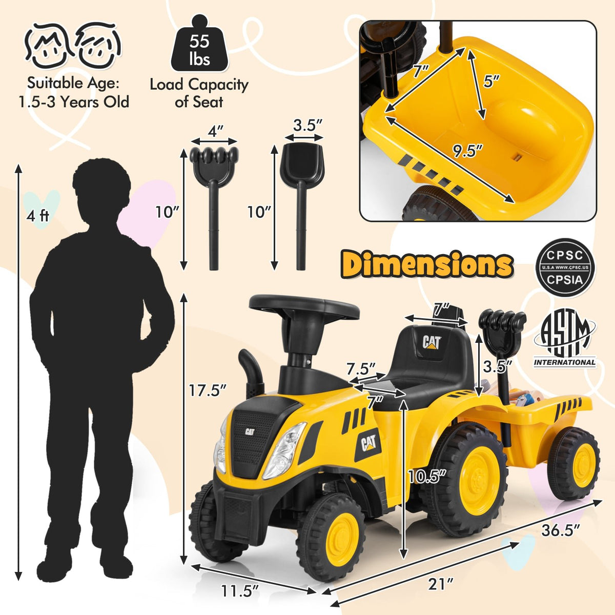 Kids Ride on Tractor Licensed Caterpillar with Detachable Trailer No Power-Yellow view 4