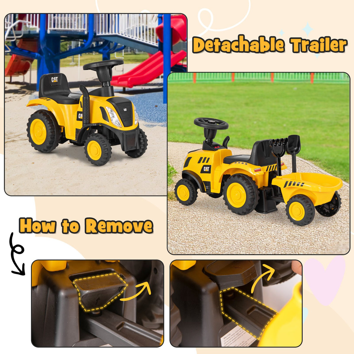Kids Ride on Tractor Licensed Caterpillar with Detachable Trailer No Power-Yellow view 6